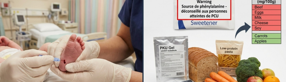 composition éditoriale split haut‑bas illustrant les thérapies avancées de la PCU et les précautions spécifiques. Haut gauche : flacon de pegvaliase (Peg‑Pal, phénylalanine ammonia lyase recombinante injectée en sous‑cutané hebdomadaire), approuvée FDA/EMA 2018‑2019 pour patients adultes > 18 ans — baisse moyenne de ‑50 % Phe sérique. Haut droite : blister de saproptérine dihydrochloride (Kuvan®, BH4 synthétique), approuvé depuis 2007‑2008 chez patients PAH‑résiduel sensible, ‑30 % Phe moyen. Centre : portrait serein d'une mère touchant son ventre arrondi, avec carte de rendez‑vous du service de métabolisme pédiatrique rappelant « PCU maternelle : Phe < 360 µmol/L avant conception + pendant grossesse, monitoring serré 6‑10 dosages/mois ». Bas gauche : visuel grossissant des risques fœtaux évitables (microcéphalie, RCIU, cardiopathie congénitale CHD) si Phe > 600 µmol/L pendant gestation. Bas droite : nature morte chaleureuse mère‑enfant avec sachets de substitut d'acides aminés, balance de pesée alimentaire, livre de cuisine « PKU » ouvert sur une recette de « pain faible en Phe » et « quenelles de légumes ». Lumière naturelle tamisée, style documentaire.