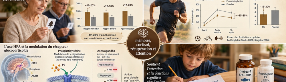infographie médicale éditoriale en quatre panneaux sur fond crème-brun noisette évoquant la santé cognitive — 1) haut-gauche : personnes âgées passant un test de mémoire avec mini-graphique montrant les améliorations des tâches de rappel et d'apprentissage (PS 100-300 mg/jour, méta-analyses Hellhammer 2014 et Jorissen 2001) vs placebo, mention « +12-20 % mémoire à court terme » ; 2) haut-droite : athlète courant avec graphique montrant atténuation de la cortisolémie (≈ 15-30 % de blunting du pic) et perception réduite du stress après effort intense (starks 2008 sur joueurs de football, Kingsley 2006 sur cyclistes, etc.) ; 3) bas-gauche : axe adrénergien HPA avec cortisol circulant et PS modulant la signalisation membranaire des récepteurs aux glucocorticoïdes (approche membranaire distincte de l'Ashwagandha, référence croisée article existant) ; 4) bas-droite : carnet d'écolier avec symboles d'attention et pile oméga-3 + PS, mention discrète « études pilotes — réplications nécessaires » ; hub central étiqueté « mémoire, cortisol, récupération et attention » reliant les quatre axes.