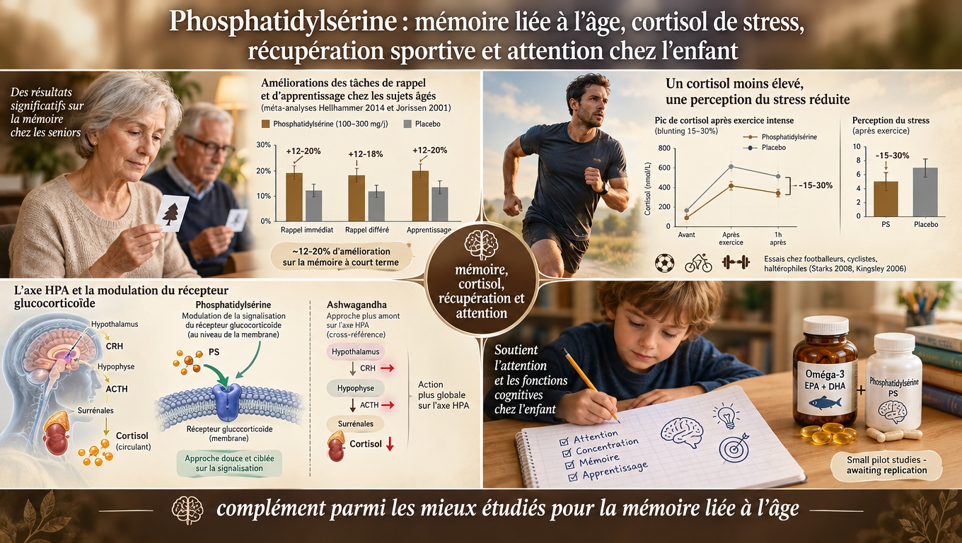mémoire, cortisol, récupération et attention — quatre champs d'études humains convergeant autour de la phosphatidylsérine, complément parmi les mieux évalués pour l'âge.