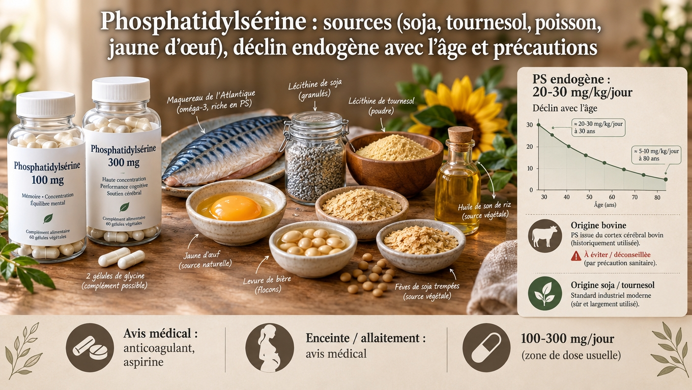 gélules, lécithine de soja, maquereau oméga-3, jaune d'œuf — sources alimentaires d'un phospholipide qui décline naturellement avec l'âge.