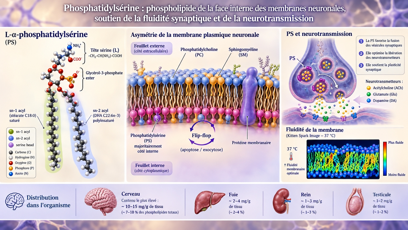 molécule 3D et membrane neuronale asymétrique — la phosphatidylsérine maintient la fluidité synaptique et la transmission de neurotransmetteurs.