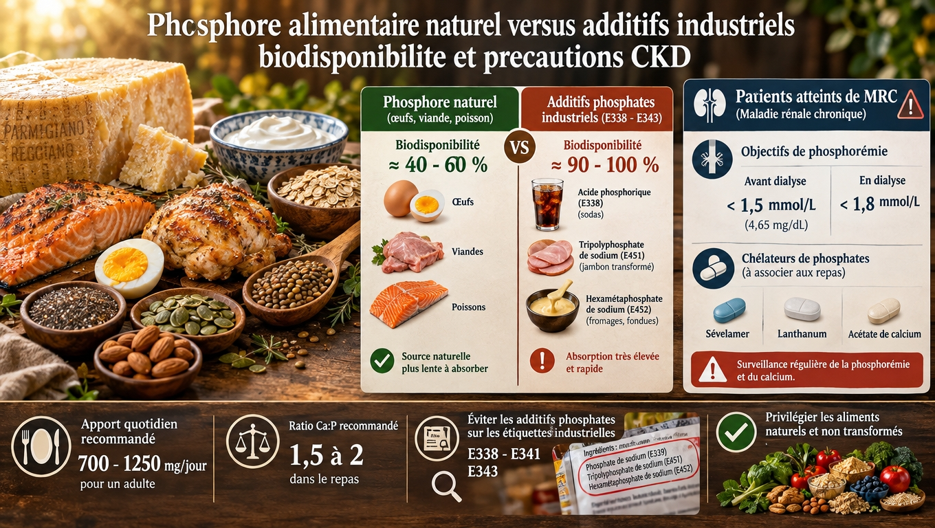 Vue pratique – choisir le phosphore naturel (40‑60 % biodisponibilité), limiter le phosphore industriel (90‑100 %), surveiller le ratio Ca:P, et fixer les cibles précises en cas de CKD.