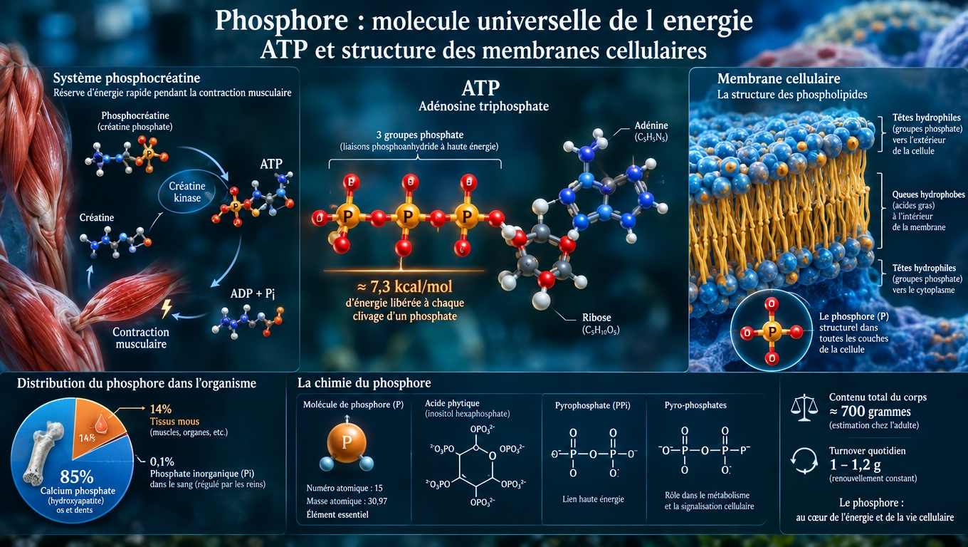 Vue 3D de l'ATP et des phospholipides membranaires – le phosphore au cœur de deux systèmes universels : énergie cellulaire instantanée et architecture membranaire.