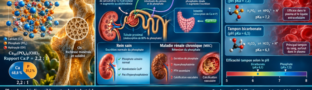 infographie split‑screen cinéma. Panneau gauche – Duo Ca:P : visualisation de l'hydroxyapatite [Ca₁₀(PO₄)₆(OH)₂] – cristal osseux parfait avec alignement Ca/P en ratio 2,2:1 ; gros plan de la matrice osseuse où l'équilibre avec le trio vitamine D (absorption intestinale conjointe Ca et P), vitamine K2 (MGP, ostéocalcine) et PTH préserve la solidité squelettique ; flèche entre Ca et P illustrant la synergie d'absorption vitamine D‑dépendante. Panneau central – Rein : néphron en coupe avec tube proximal où le phosphate Pi est réabsorbé (cotransporteurs NaPi‑IIa/IIc) ; régulation hormonale – PTH hypophosphaturiante (↑ excrétion), FGF23 issu des ostéocytes (↓ réabsorption tubulaire, ↓ 1,25(OH)₂‑D₃), calcitriol (↑ absorption) ; comparaison rein sain (Pi sérique 0,8‑1,5 mmol/L) vs rein CKD (hyperphosphatémie 1,6‑2,2 mmol/L) avec diagramme de la cascade : ↑ PTH → ↑ FGF23 → calcification vasculaire. Panneau droit – Tampon phosphate : formule H₂PO₄⁻/HPO₄²⁻ avec pKa ~ 7,2 ; comparaison avec le tampon bicarbonate CO₃H⁻/CO₂ (pKa ~ 6,1) ; nuages rouges d'ions H⁺ piègés dans le sang urinaire. Bandeau bas – Industrie : phosphore organique dans lentilles/noix (quinoa, tofu, sardines) – biodisponibilité 40‑60 % avec phytate non dommageable ; vs phosphates industriels E338‑E341 – phosphates inorganiques ajoutés (acide phosphorique sodas, polyphosphates charcuterie, hexamétaphosphate fromages fondus) – biodisponibilité 90‑100 % et mécanisme d'hyperphosphatémie aigue postprandiale → calcification vasculaire chronique (paradoxe du surplus de Pi dans l'alimentation moderne).