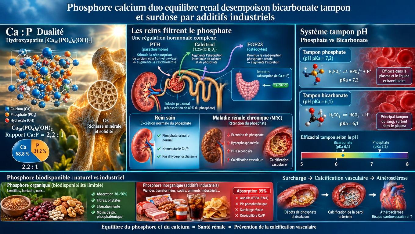 L'interdépendance Ca/P au sein de l'os, la régulation rénale par PTH‑FGF23‑vitamine D, et l'effet comparé du phosphate naturel vs industriel sur la calcification vasculaire.