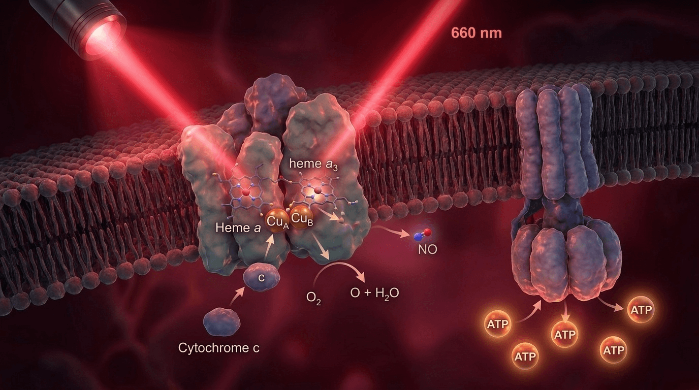Schéma molecular de précision illustrant le mécanisme central de la photobiomodulation : la lumière rouge (660 nm) pénètre jusqu'à la mitochondrie et active le Complexe IV de la chaîne respiratoire.