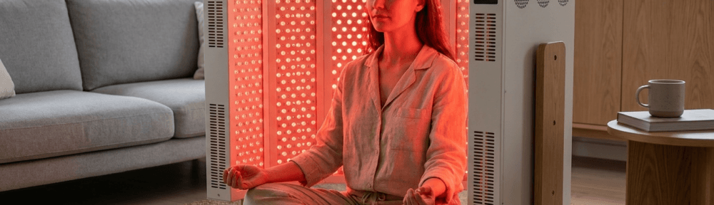 Photographie lifestyle hyperréaliste d'une personne profitant d'une séance de photobiomodulation à domicile, baignée dans la lumière rouge thérapeutique d'un panneau LED, dans un environnement wellness contemporain épuré.