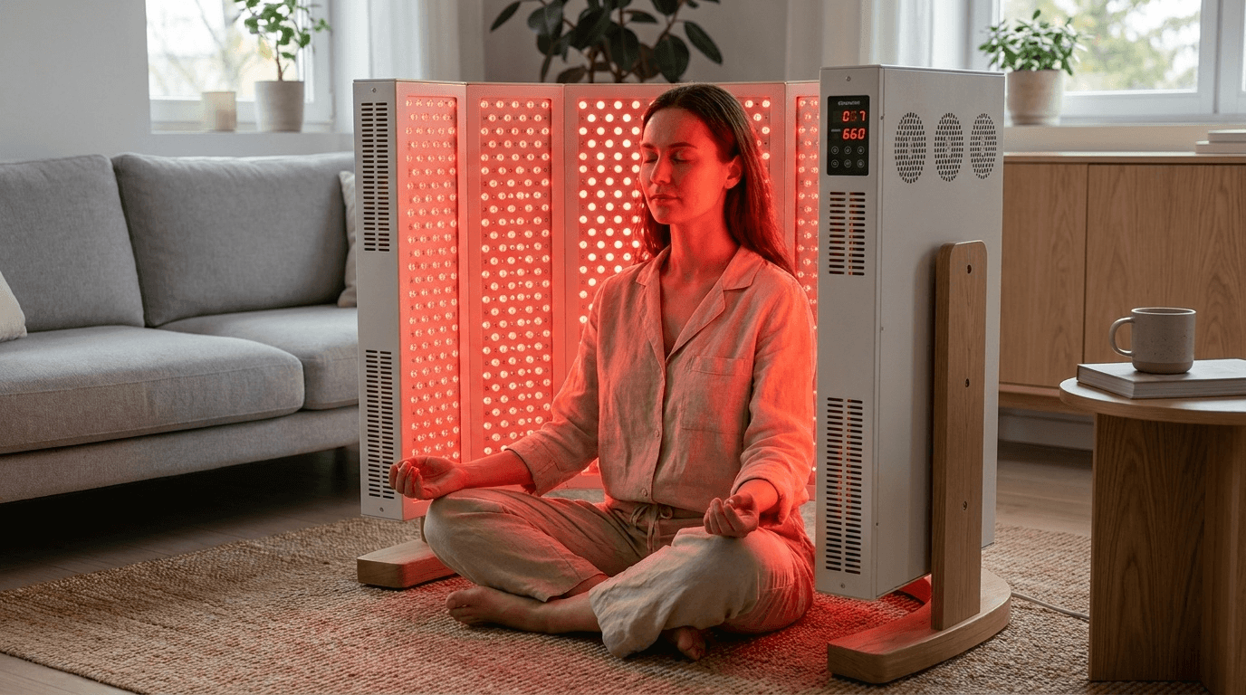 Scène wellness éditoriale illustrant la mise en œuvre pratique de la photobiomodulation à domicile ou en centre spécialisé, avec panneaux LED modernes émettant dans les rouge / proche infrarouge.