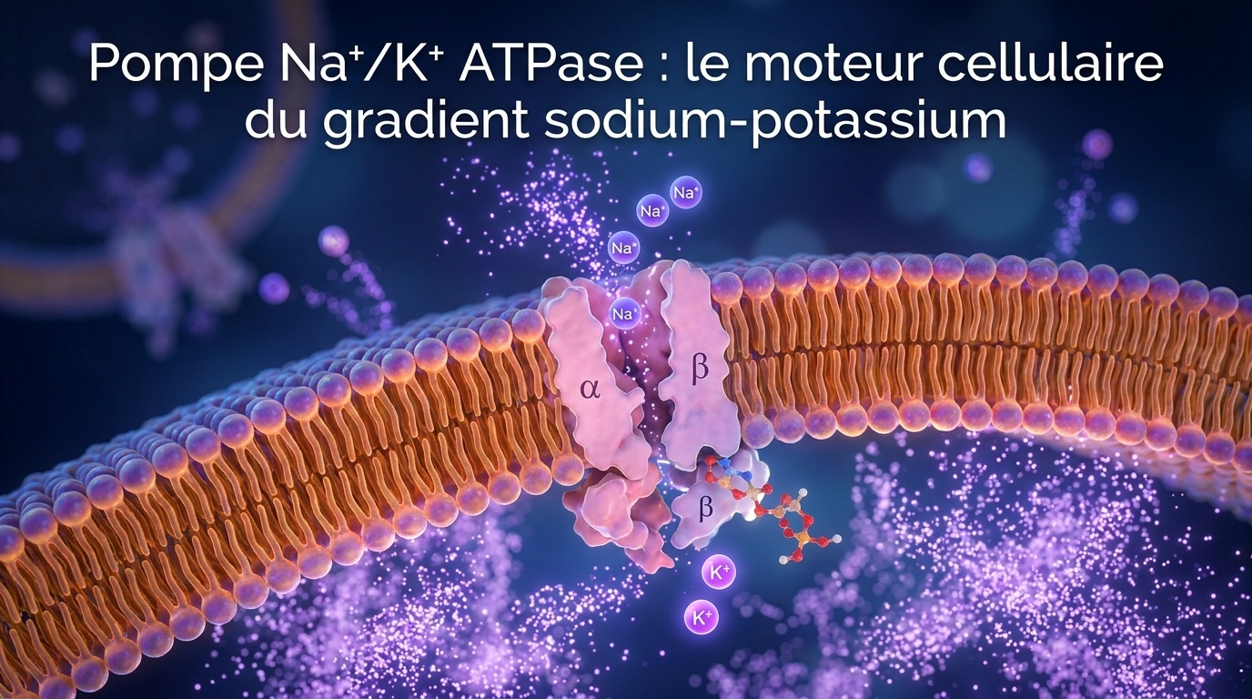 Visualisation scientifique du moteur moléculaire consommant jusqu'à 25–40 % de l'ATP cellulaire de repos pour maintenir le gradient sodium‑potassium à travers la membrane de chaque cellule humaine.