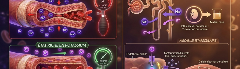 Infographie médicale hyper‑réaliste comparant un état à forte teneur en sodium (vaisseau sanguin contracté, lumière étroite, abondance d'ions sodium violets, manomètre de tension artérielle rouge affichant ≈150/95 mmHg) à un état à forte teneur en potassium (même artériole dilatée, lumière élargie, abondance d'ions potassium lilas, manomètre vert affichant ≈120/80 mmHg), avec représentation de la natriurèse rénale favorisée par le potassium.