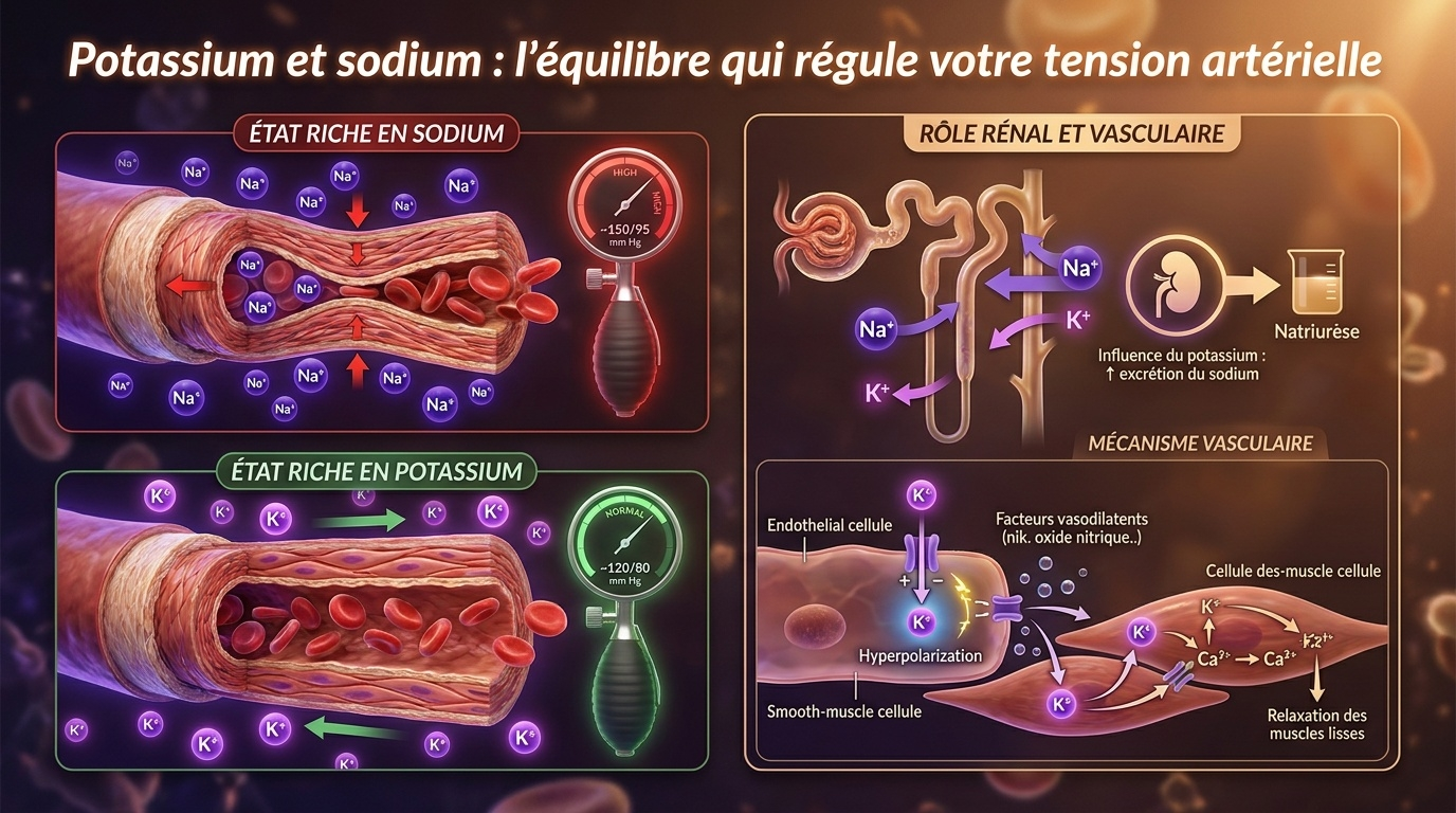 Schéma explicatif du mécanisme par lequel un rapport sodium‑potassium déséquilibré élève la tension artérielle, tandis qu'un apport suffisant en potassium favorise la natriurèse rénale et la relaxation vasculaire.