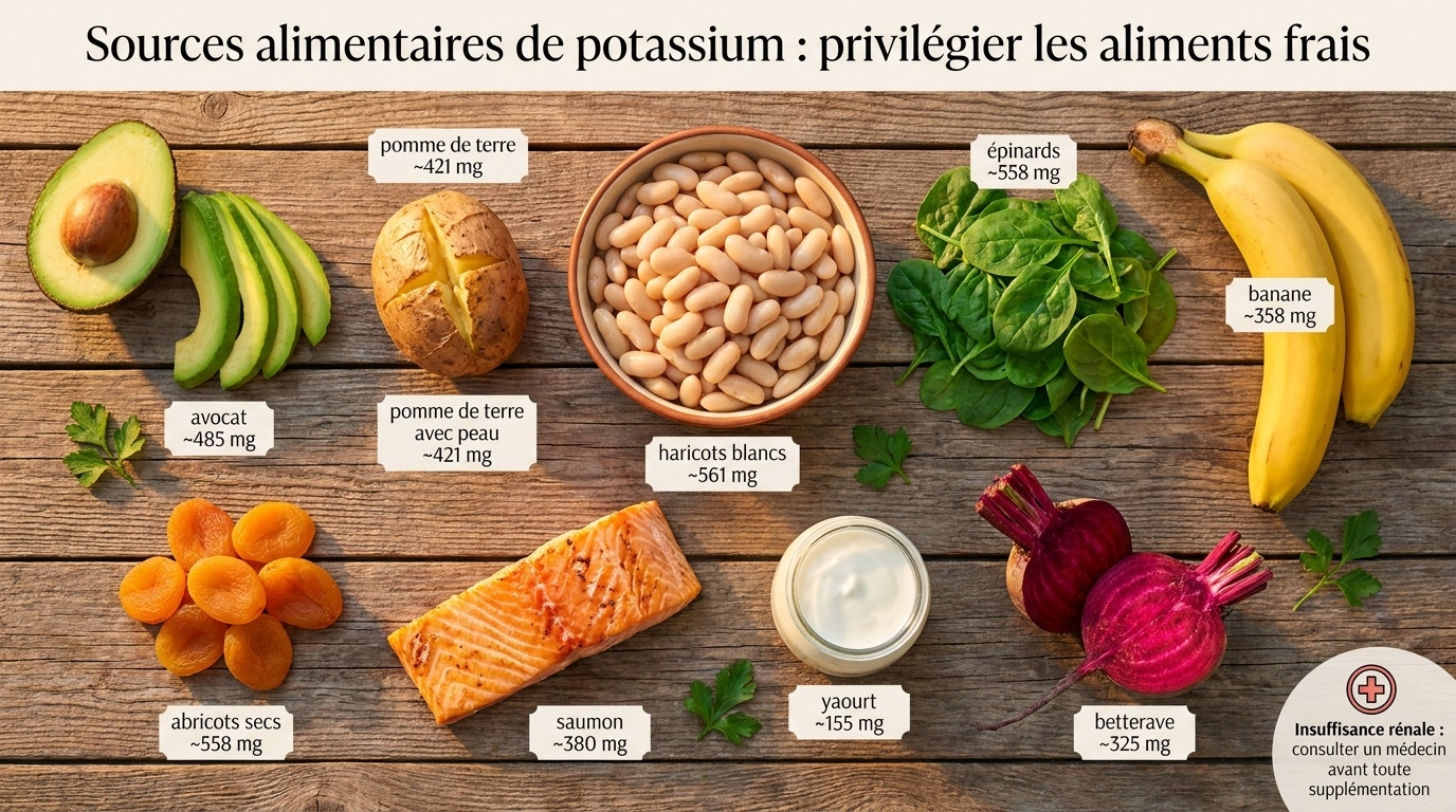 Top‑down gastronomique des aliments naturellement riches en potassium, illustrant le levier pratique le plus efficace du rééquilibrage Na⁺/K⁺ : augmenter les fruits/légumes frais, diminuer la part des aliments transformés.