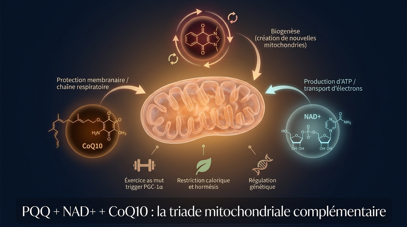 Visualisation mécanistique du processus de biogenèse mitochondriale induit par le PQQ : activation séquentielle de la cascade de signalisation AMPK → SIRT1 → PGC-1α, translocation vers le noyau, activation de la transcription de mtTFA/NRF-1, multiplication du nombre de mitochondries et augmentation de la production d'ATP cellulaire.