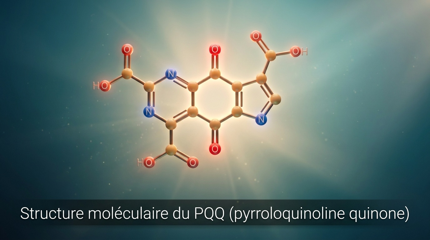 Représentation scientifique détaillée du PQQ (pyrroloquinoline quinone), facteur redox tricyclique exclusif des bactéries jusqu'à sa découverte dans les tissus humains, capable d'effectuer des milliers de cycles d'oxydoréduction sans dégradation.