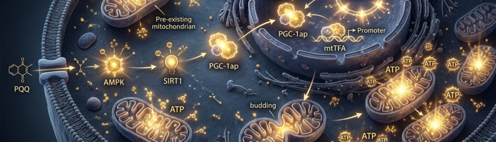 Composition médicale infographique hyper-réaliste de la triade mitochondriale complémentaire : PQQ (biogenèse), NAD+ (production d'ATP) et Coenzyme Q10 (chaîne respiratoire) agissant en synergie autour d'une mitochondrie centrale.