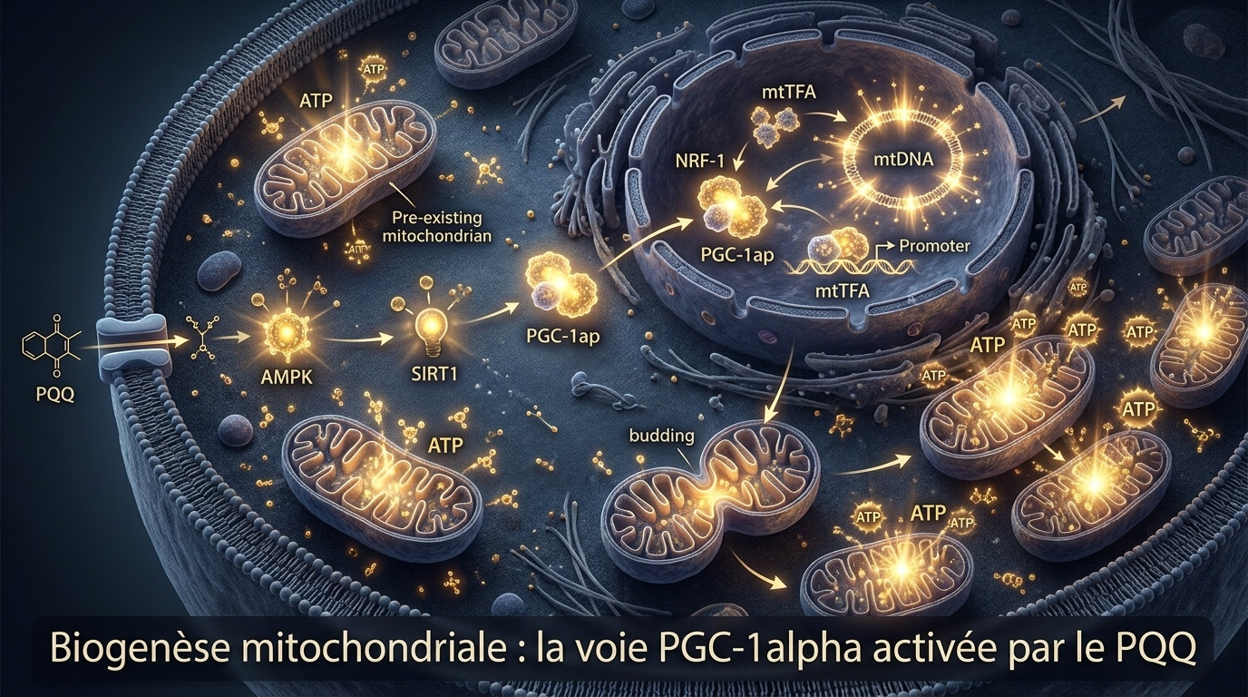 Schéma synoptique du partenariat fonctionnel entre PQQ (qui favorise la création de nouvelles mitochondries), NAD+ (qui soutient le transport d'électrons et la production d'ATP) et Coenzyme Q10 (qui protège la chaîne respiratoire membranaire et optimise le transfert d'électrons) — trois molécules à actions complémentaires et non redondantes.
