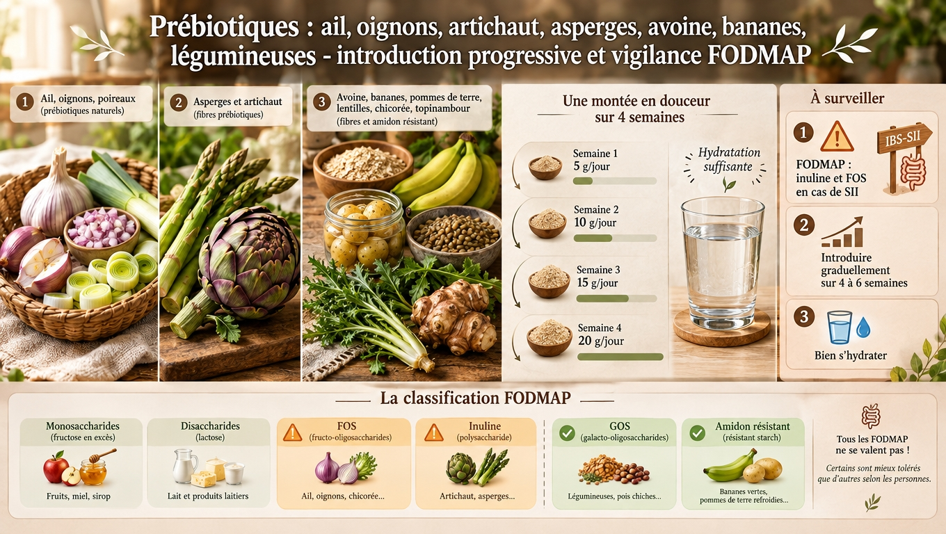 ail, artichaut, asperges, chicorée, bananes, légumineuses et pommes de terre refroidies — les sources alimentaires prébiotiques, à introduire progressivement, avec vigilance FODMAP en cas de SII.