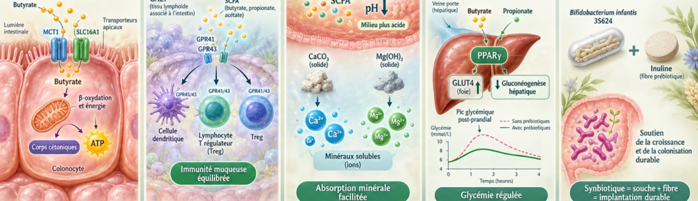 infographie médicale-physiologique éditoriale sur fond crème-chaud et menthe pâle évoquant la physiologie intestinale ; panoramique en cinq panneaux — 1) extrême gauche : coupe de colonocytes nourris par le butyrate entrant via les transporteurs apicaux MCT1/SLC16A1, mention « butyrate = carburant énergétique du colonocyte », production de corps cétoniques et d'ATP via β-oxydation mitochondriale ; 2) centre-gauche : tissu lymphoïde associé à l'intestin (GALT) avec récepteurs GPR41/GPR43 répondant au SCFA sur lymphocytes T régulateurs, cellules dendritiques, mention « immunité muqueuse équilibrée, balance Treg/Th17 » ; 3) centre : représentation schématique de l'acidification du pH intestinal par les SCFA avec calcium et magnésium devenant solubles (icônes Ca²⁺, Mg²⁺ se dissolvant en formes ioniques), mention « absorption minérale facilitée via acidification locale » ; 4) centre-droite : veine porte hépatique avec butyrate et propionate agissant sur PPAR-γ, GLUT4, régulation de la gluconéogenèse hépatique, courbe de glycémie postprandiale à pic atténué, mention « glycémie régulée » ; 5) extrême droite : symbole de synbiotique avec capsule de Bifidobacterium infantis 35624 et comprimé d'inuline — « synbiotique = souche ciblée + fibre ciblée = implantation durable » ; bandeau bas flux horizontal reliant les cinq panneaux avec silhouette rose de Bifidobacterium et Faecalibacterium prausnitzii ; tagline « les fibres sélectionnées nourrissent les souches spécifiques ».