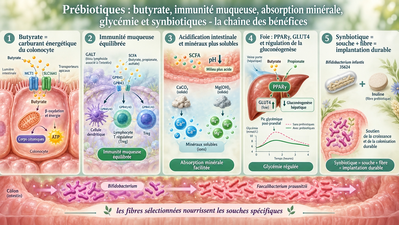 du carburant du colonocyte jusqu'à la régulation glycémique — cinq bénéfices physiologiques en cascade, des fibres correctement fermentées par notre microbiote.