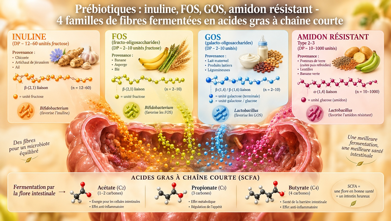 quatre familles de fibres prébiotiques (inuline, FOS, GOS, amidon résistant) fermentées en acétate-propionate-butyrate — le carburant sélectif de nos bactéries intestinales.