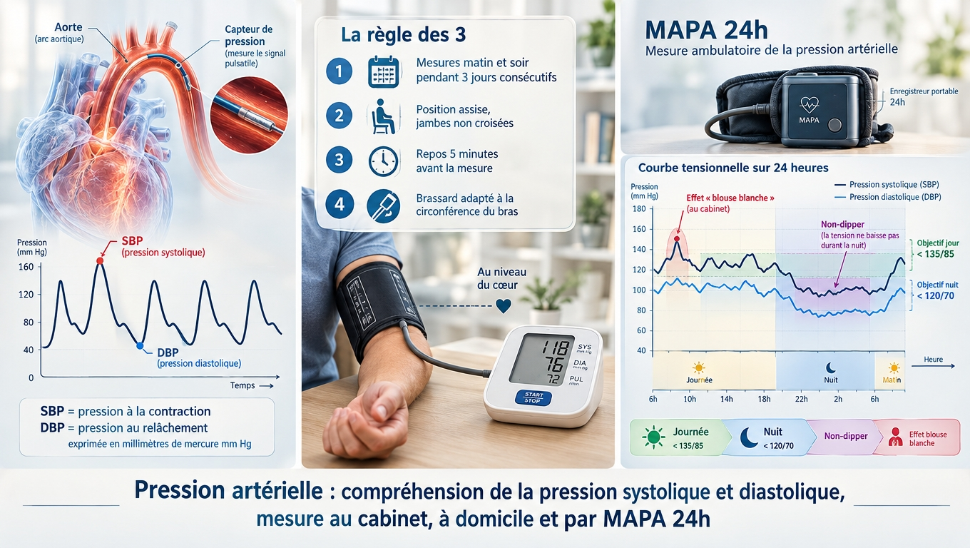 Cœur/aorte, mesure auscultatoire et oscillométrique, règle des 3 pour la mesure à domicile, MAPA 24 h pour distinguer blouse blanche et hypertension masquée : la mesure fiable commence ici.