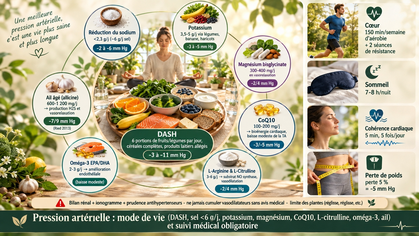  DASH, sel < 6 g/j, potassium, magnésium bisglycinate, CoQ10, L‑citrulline, oméga‑3, ail vieilli, exercice, sommeil et perte de poids : sept leviers non médicamenteux capables chacun de ‑2 à ‑9 mm Hg.