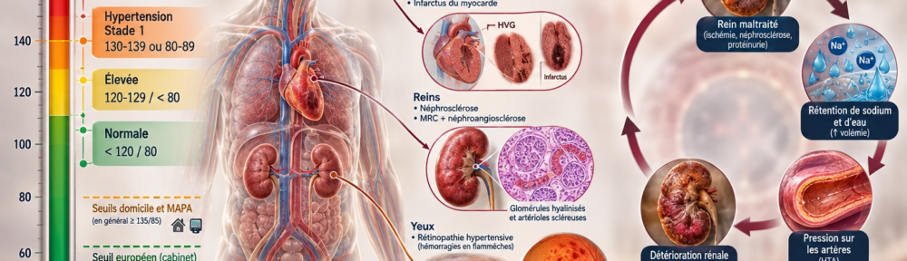 Infographie en trois panneaux sur fond crème‑rose‑pale. À gauche : échelle‑thermomètre verticale à quatre paliers ACC/AHA 2017 — Normale