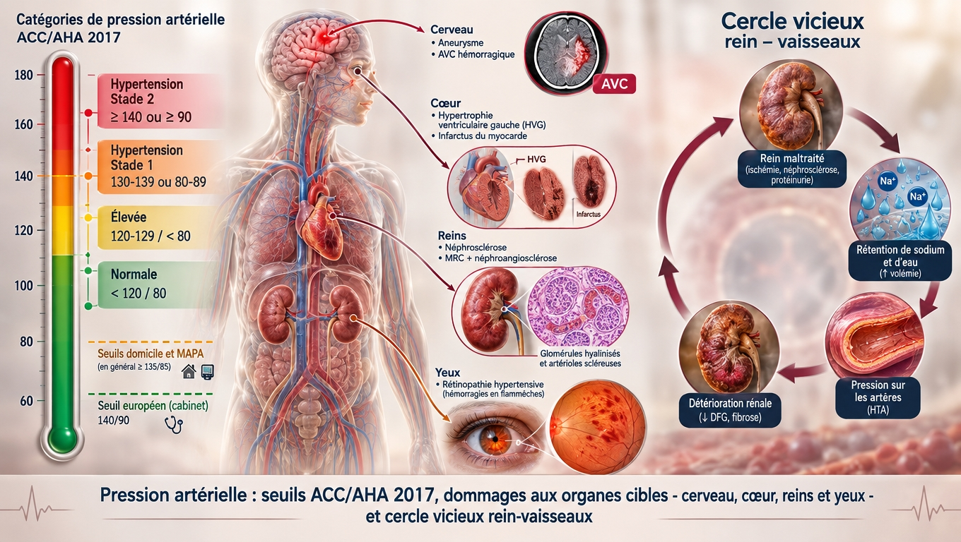 Seuil ESC‑ESH 140/90, quatre organes cibles (cerveau, cœur, rein, œil), cycle rein‑sodium ; la régulation tensionnelle se joue autant dans le rein lui‑même que dans l'artère.