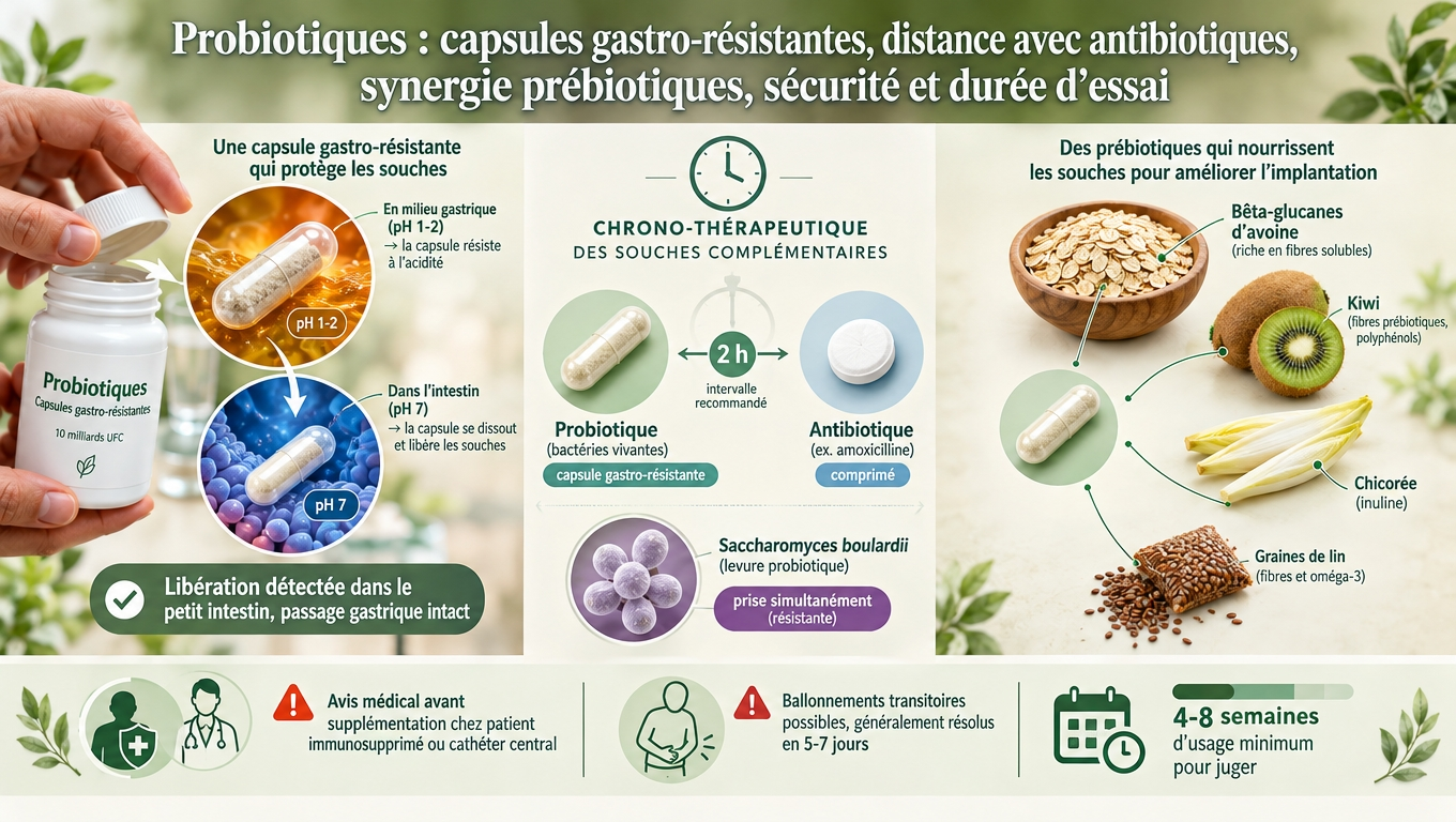 gélules gastro-résistantes, intervalle de 2 h avec antibiotique, prébiotiques (inuline, bêta-glucanes, kiwi), 4-8 semaines minimum — le mode pratique de bien choisir et bien prendre son probiotique.