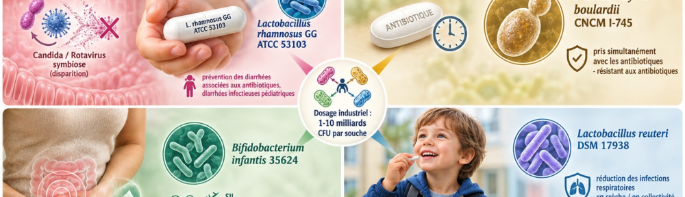 infographie médicale éditoriale sur fond beige chaud et menthe pâle illustrant l'intestin ; composition en quatre panneaux 2×2 — 1) haut-gauche : coupe intestinale bébé-rose avec symboles de Candida/rotavirus disparaissant, gélule « Lactobacillus rhamnosus GG, ATCC 53103 » dans la main d'un enfant, mention discrète « prévention de la diarrhée associée aux antibiotiques, diarrhée infectieuse pédiatrique » ; 2) haut-droite : comprimé antibiotique avec icône horloge à côté d'une cellule de Saccharomyces boulardii CNCM I-745 dessinée comme une levure ovale bourgeonnante (non un bacille), icône « à prendre simultanément avec un antibiotique – résistant aux antibiotiques » ; 3) bas-gauche : main féminine se tenant le ventre avec symbole abdominal/bloating s'effaçant à côté de « Bifidobacterium infantis 35624 » et pictogramme « SII – ballonnements et douleurs abdominales » ; 4) bas-droite : enfant souriant prenant une gélule de Lactobacillus reuteri DSM 17938 sortant de son cartable, micro-icône « infections respiratoires réduites en crèche » avec minigraphique ; hub central « souches-indications » reliant les quatre volets avec indication typique en CFU (1-10 milliards par souche).