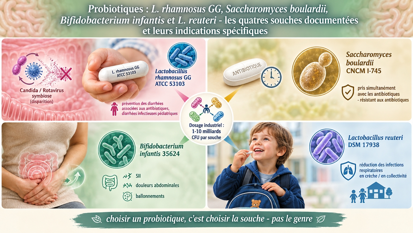 quatre souches cliniques majeures — L. rhamnosus GG pour la diarrhée, S. boulardii en cas d'antibiothérapie, B. infantis 35624 pour le SII, L. reuteri DSM 17938 pour l'immunité pédiatrique.