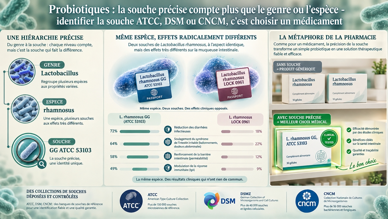 arbre taxonomique genre → espèce → souche, comparaison de deux souches de la même bactérie — c'est la souche précise, pas le genre, qui détermine l'effet santé.