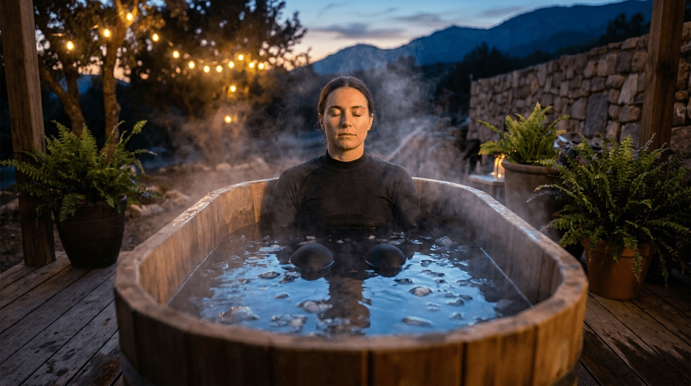 Image éditoriale illustrant la pratique sécuritaire des bains froids avec approche progressive, respiration contrôlée et environnement wellness encadré.