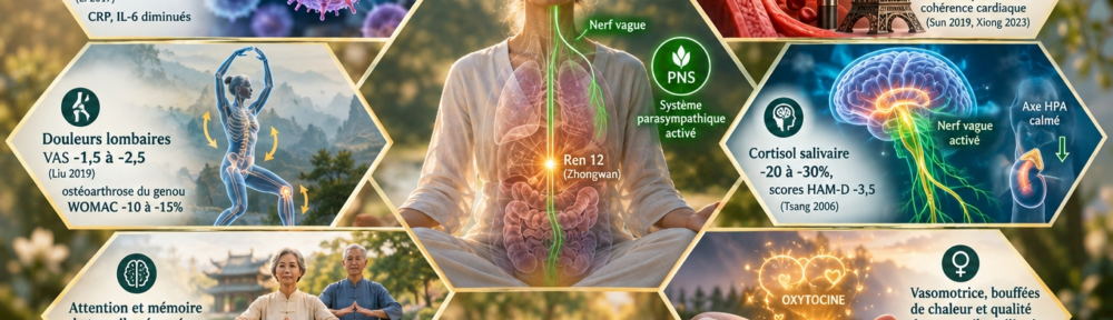 Infographie hexagonale en nid d'abeille sur fond crème‑émeraude‑bleu‑or. Au centre, coupe transversale d'une méditante avec un point d'acupuncture Ren 12 (Zhongwan) luminescent, nerf vague vert descendant vers les organes et activation du système parasympathique (sigle PNS). Six panneaux : (1) haut‑gauche, lymphocytes T CD4⁺ et cellules NK au microscope : « Immunité +18‑32 % NK après 8 semaines (Li 2017), CRP, IL‑6 diminués » ; (2) haut‑droite, artère détendue avec manomètre ‑température‑dôme Eiffel : « Pression artérielle ‑5 à ‑9 mm Hg après 12 semaines en HTA stade 1, effet comparable à la cohérence cardiaque (Sun 2019, Xiong 2023) » ; (3) centre‑gauche, silhouette squelettique faisant « Soulever le Ciel » avec flèches de mobilisation articulaire : « Douleur lombaire VAS ‑1,5‑2,5 (Liu 2019), WOMAC ostéoarthrose genou ‑10‑15 % » ; (4) centre‑droite, cerveau avec nerf vague activé et axe HPA calmé : « Cortisol salivaire ‑20‑30 %, HAM‑D ‑3,5 (Tsang 2006) » ; (5) bas‑gauche, couple de personnes âgées en méditation debout : « Attention et mémoire de travail préservées à 6 mois (Barrow 2007) » ; (6) bas‑droite, main féminine avec icône ocytocine : « Bouffées de chaleur et qualité du sommeil améliorées à la ménopause (Yeh 2011) ».