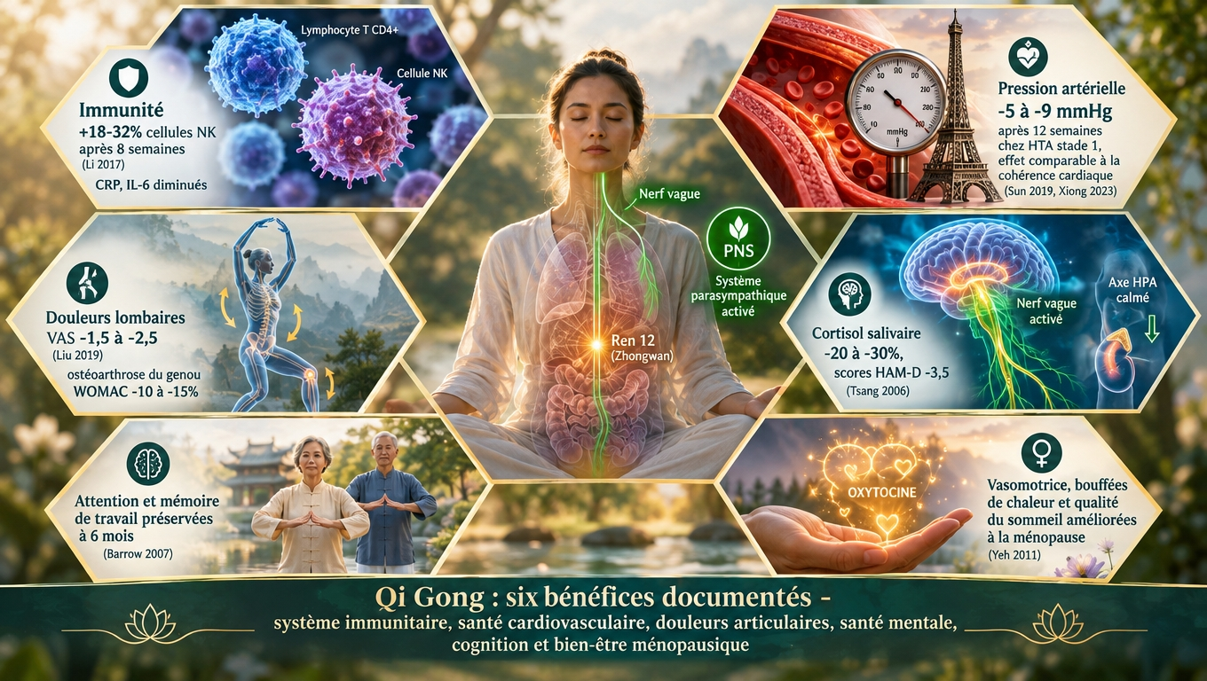 Six bénéfices documentés : immunité ↑ (NK +18‑32 %), tension artérielle ‑5/‑9 mm Hg, lombalgie ‑2 points VAS, HAM‑D ‑3,5, cognition préservée, bouffées de chaleur ‑25 % – niveau de preuve comparable à celui de l'exercice léger supervisé.