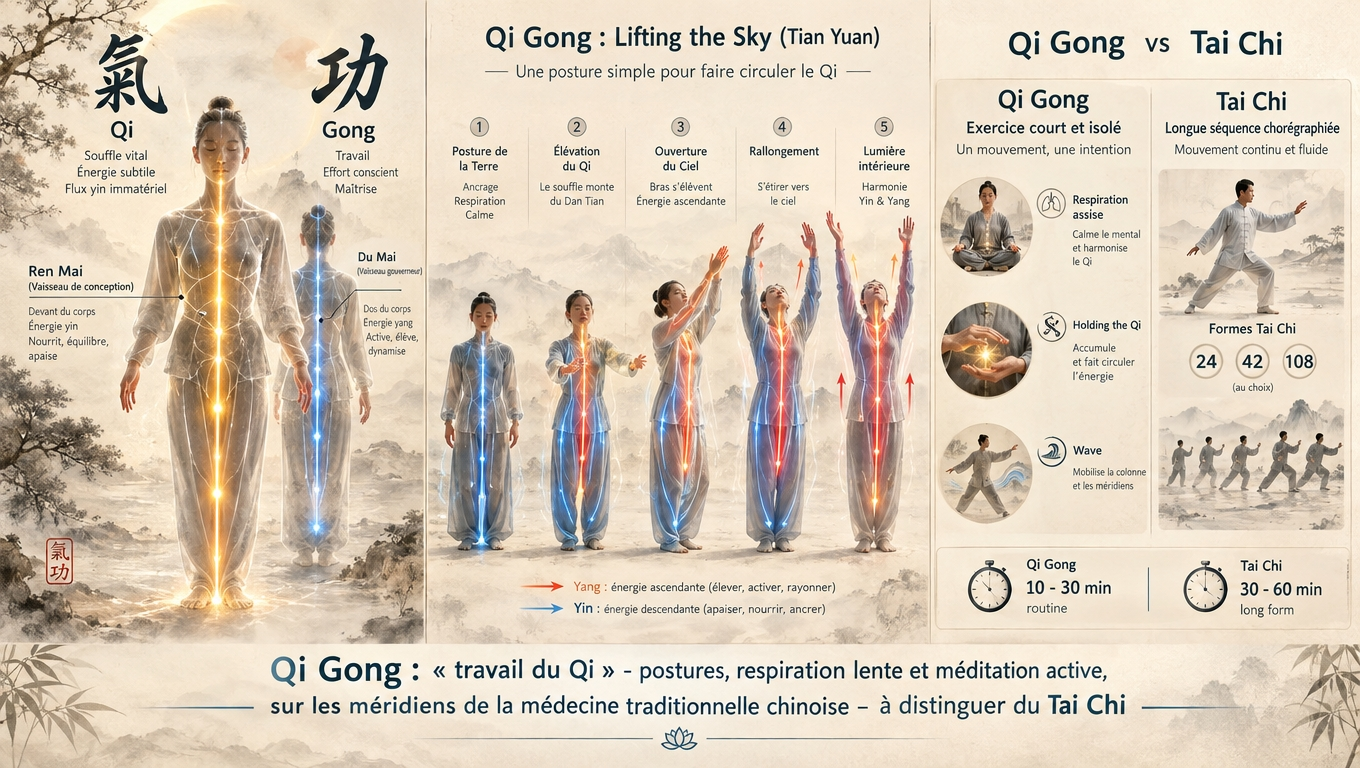 « Qi » + « Gong » = travail du souffle vital sur les méridiens ; à distinguer du Tai Chi par des exercices courts, isolés et faciles à mémoriser.
