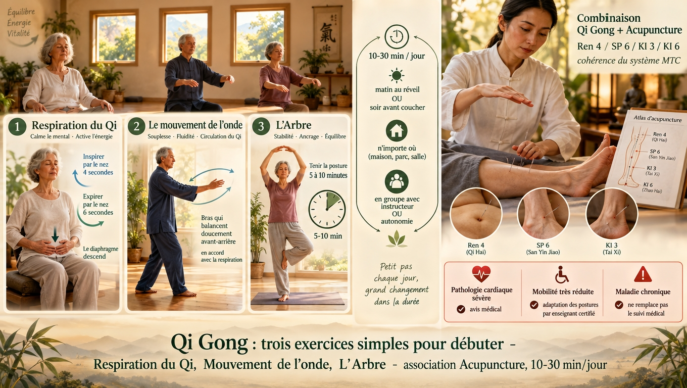 Respiration du Qi 4‑6/6‑10, Mouvement de l'onde et L'Arbre 5‑10 min : un trio de 10‑30 min par jour suffit pour observer les premiers bénéfices ; peut s'enrichir d'une Acupuncture Ren 4/SP 6/KI 3 ; attention aux limitations médicales avant de commencer.