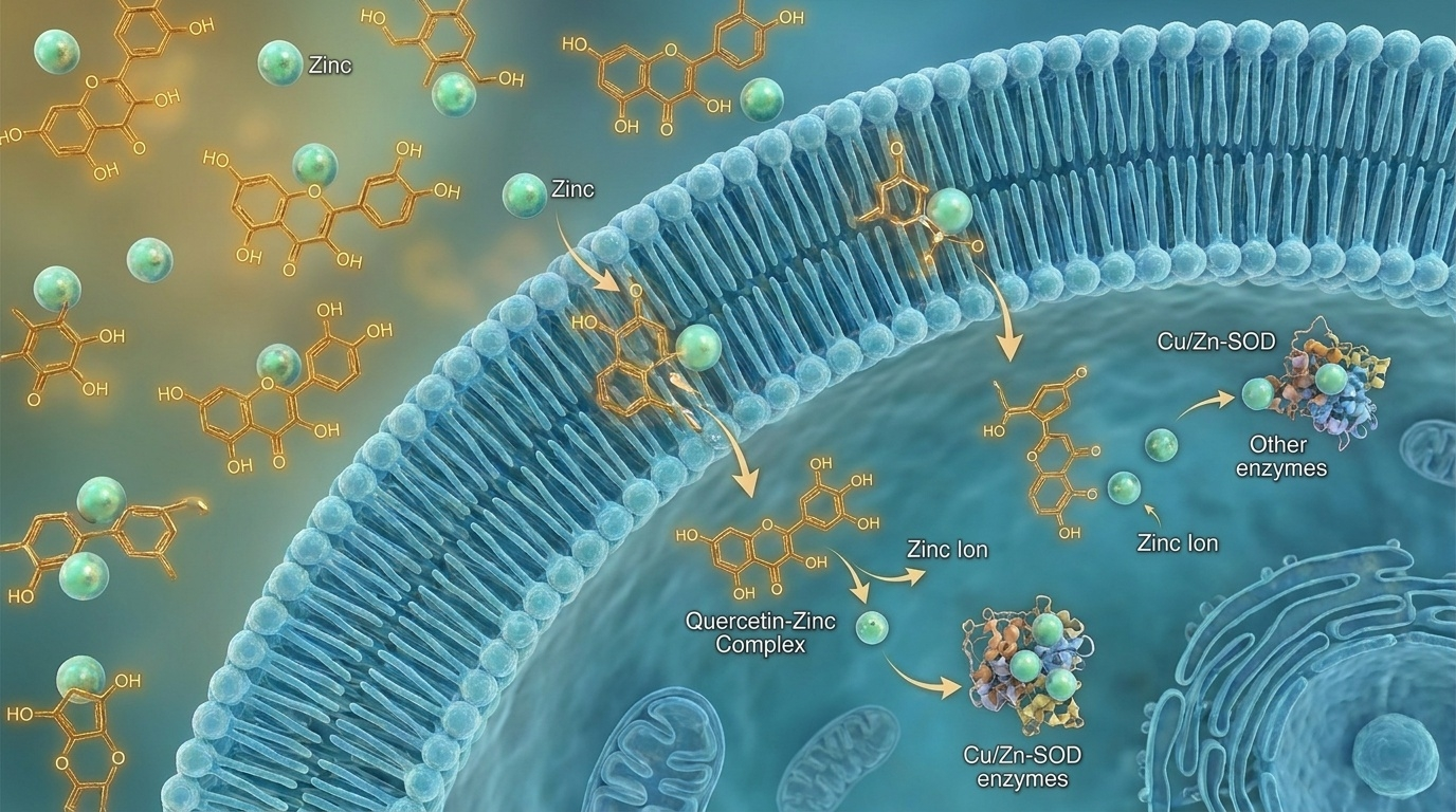 Schéma biochimique de précision illustrant la propriété distinctive de la quercétine : sa capacité unique à chélater et transporter le zinc à travers la membrane cellulaire, mécanisme au cœur de son regain d'intérêt scientifique.