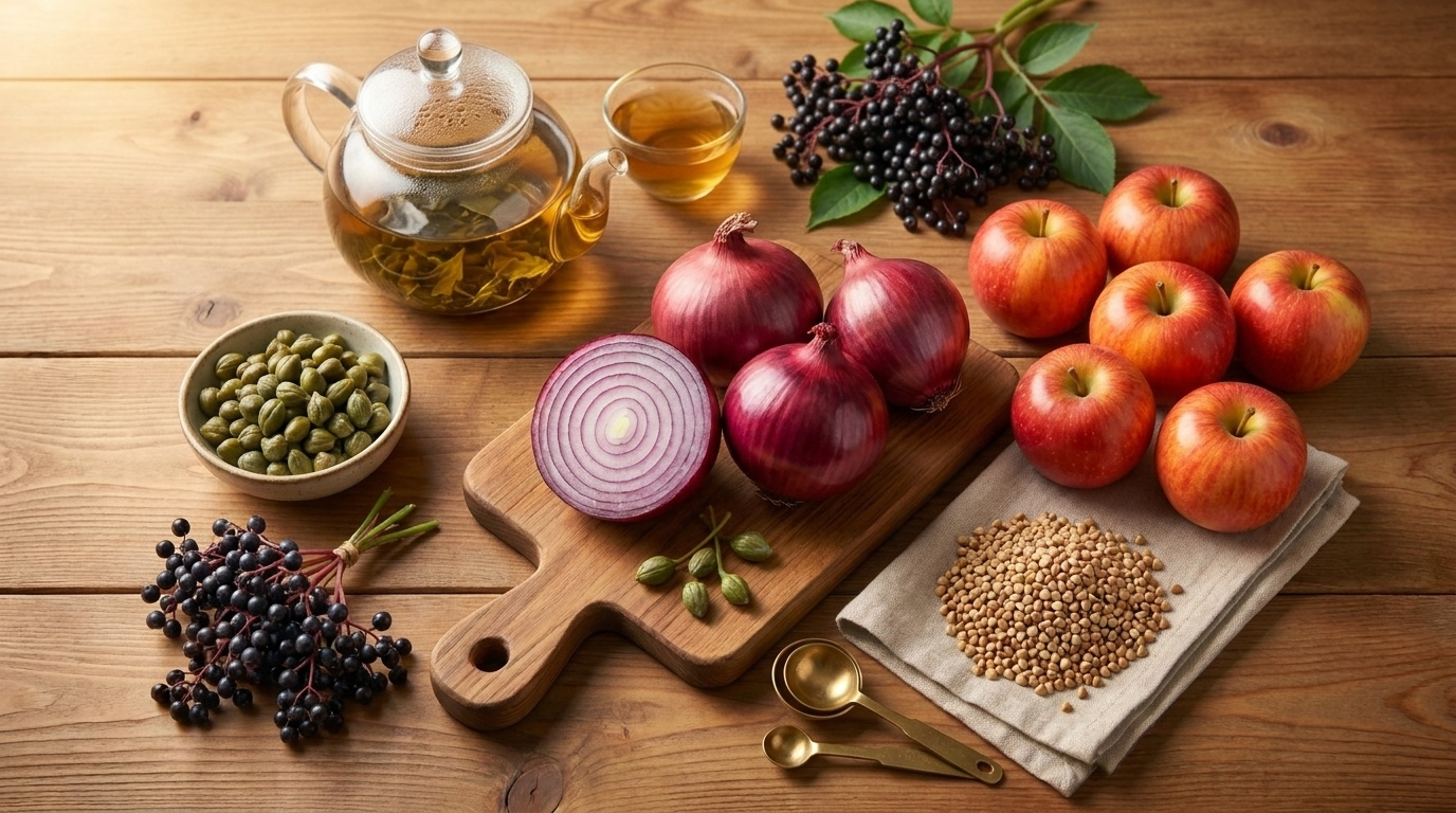 Composition alimentaire éditoriale illustrant les sources courantes et variées de quercétine, un polyphénol abondant dans l'alimentation méditerranéenne et les produits végétaux du quotidien.
