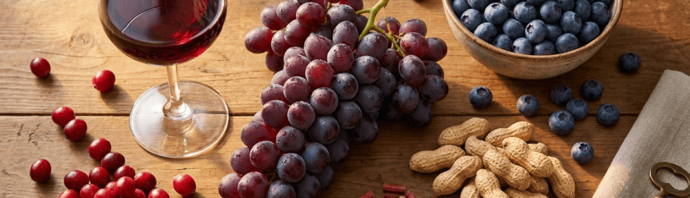 Photographie culinaire hyperréaliste des sources alimentaires riches en resvératrol : raisins rouges de cuve, vin rouge profond, myrtilles, canneberges, cacahuètes et renouée du Japon séchée.