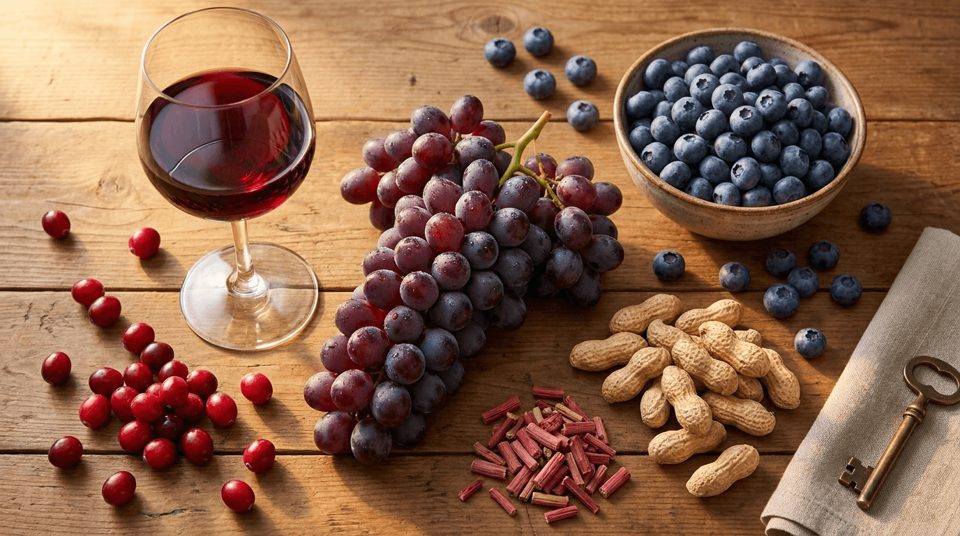 Composition alimentaire éditoriale des sources naturelles de resvératrol, illustrant le « French Paradox » et la diversité de leurs origines : vigne, petits fruits rouges et plantes traditionnelles.