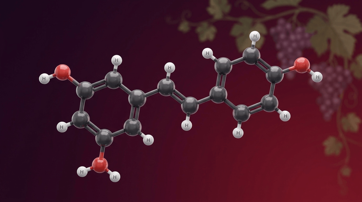Représentation moléculaire ultra-détaillée de la molécule de resvératrol, illustrant la structure stilbénique caractéristique à l'origine de son activité biologique et de sa capacité à interagir avec les sirtuines.