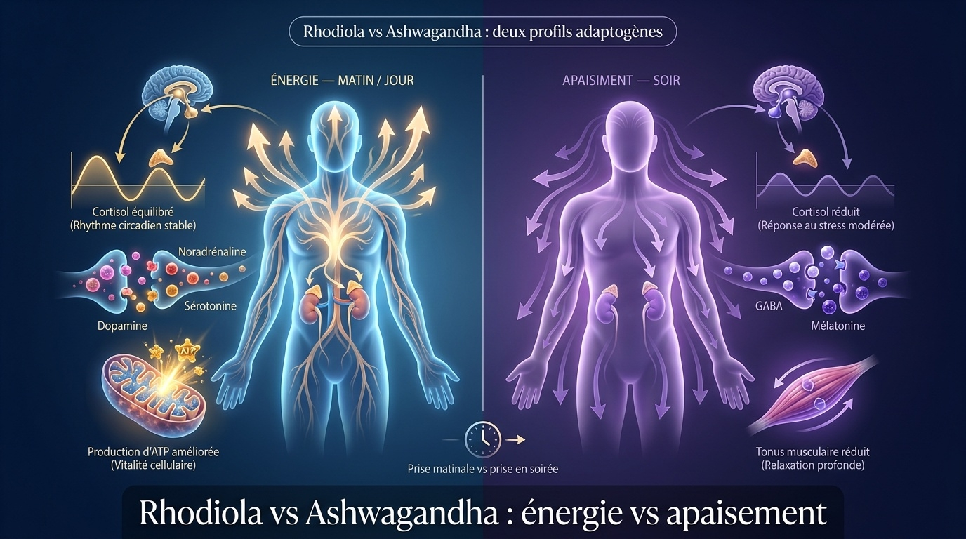 Schéma synoptique comparant les profils d'action opposés et complémentaires des deux grandes plantes adaptogènes : la Rhodiola (stimulant non excitant idéal le matin ou avant un effort), versus l'Ashwagandha (apaisant doux favorable au soir ou en cas d'hyper-cortisol chronique).