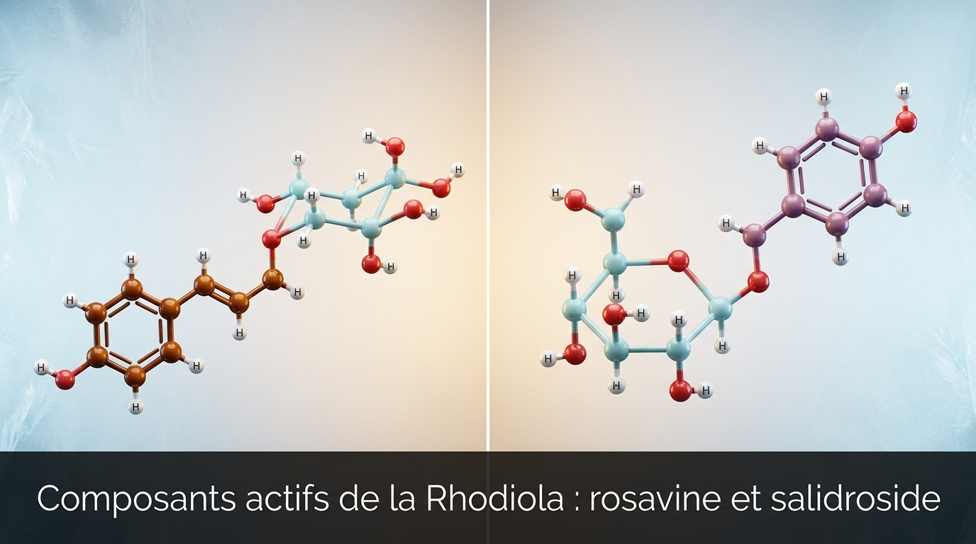Représentation scientifique détaillée des deux composés marqueurs de qualité d'un extrait de Rhodiola Rosea — la rosavine (responsable de la stimulation de la vigilance) et le salidroside (responsable de la modulation de l'axe HPA et de la protection mitochondriale), garants de la standardisation des extraits cliniques.