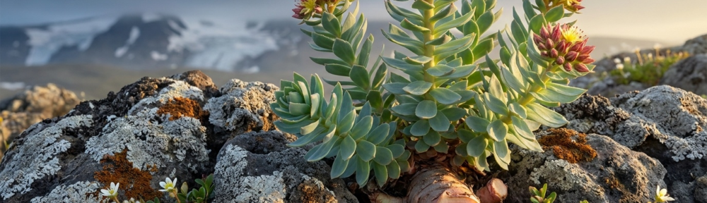 Photographie botanique hyper-réaliste d'un plant de Rhodiola Rosea dans son habitat naturel alpin-arctique, entre roches volcaniques de toundra, présentant rhizome rhodon-tinté, tiges succulentes sagées et fleurs jaunes terminales étoilées baignées par la lumière dorée de l'été arctique.