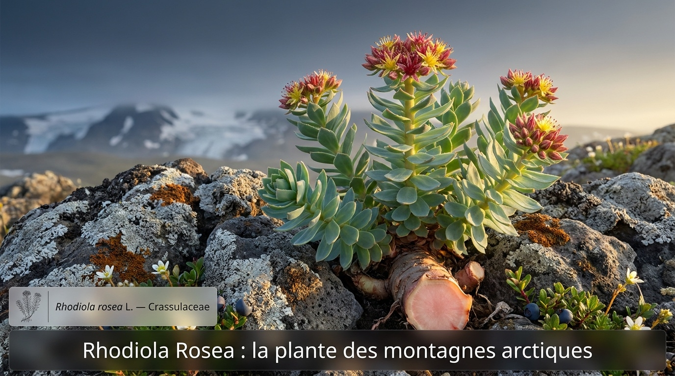 Photographie outdoor éditoriale d'un plant sauvage de Rhodiola Rosea en fleur, dans son habitat typique de toundra arctique : rhizome rose caractéristique à l'origine du nom de la plante, tiges succulentes adaptées au froid extrême et fleurs jaunes terminales baignées de lumière estivale.