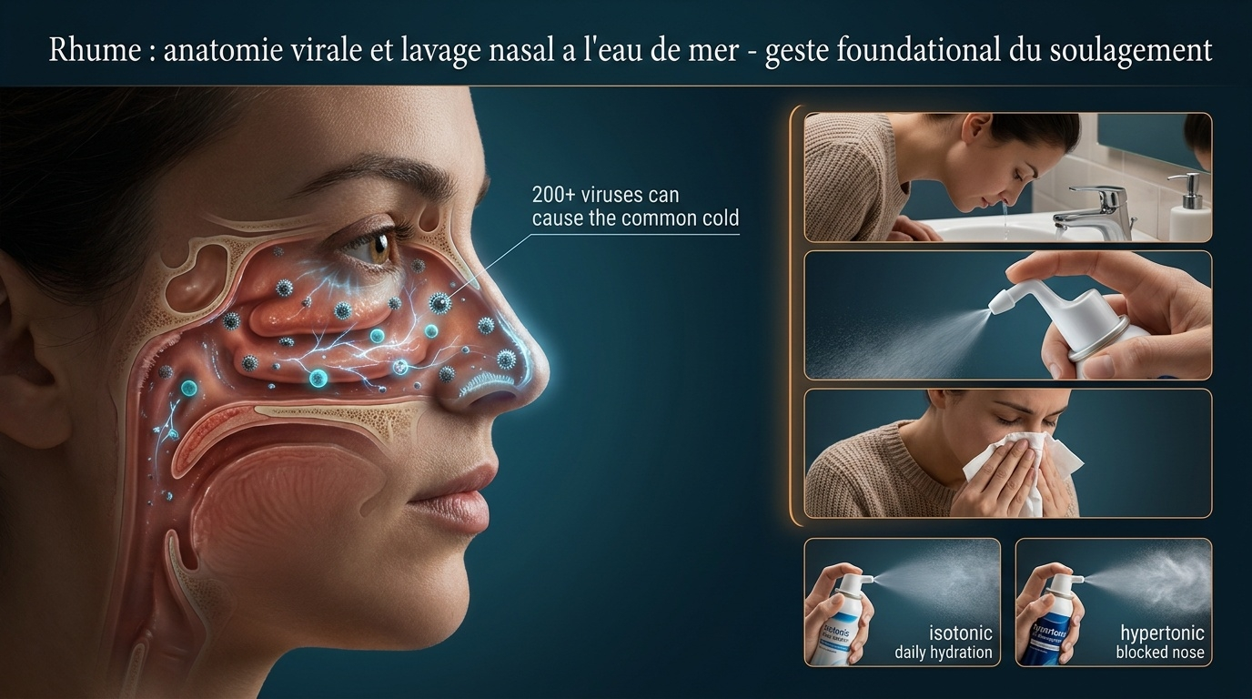 Vue anatomique du rhume et démonstration pratique du lavage nasal à l'eau de mer (isotonique vs hypertonique), geste foundational du soulagement symptomatique.