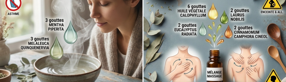 Composition éditoriale recette aromatique sur surface ardoisée tiède. Tiers gauche : un bol en céramique d'eau très chaude, d'où s'élève une vapeur parfumée avec des gouttelettes étiquetées au‑dessus — 3 gouttes menthe poivrée (Mentha piperita), 3 gouttes eucalyptus radié (Eucalyptus radiata), 3 gouttes niaouli (Melaleuca quinquenervia) — et une figure paisible aux yeux fermés inhalant les volutes de brume. Tiers droit : diagramme du mélange de massage — petit flacon compte‑gouttes verre contenant 6 gouttes d'huile végétale de calophylle (Calophyllum inophyllum) avec 2 gouttes laurier noble (Laurus nobilis), 2 gouttes eucalyptus radié, 2 gouttes ravintsara (Cinnamomum camphora cinéole) — appliquées par la main sur la poitrine haute et haut du dos d'une personne (flou artistique doux). Pictogrammes d'alerte en périphérie : asthme (interdit rouge), grossesse/allaitement (prudence jaune), enfants < 6 ans (prudence jaune), application pure sur la peau (alerte rouge). Lumière de matin, rendu magazine premium aromathérapie‑santé 16:9.