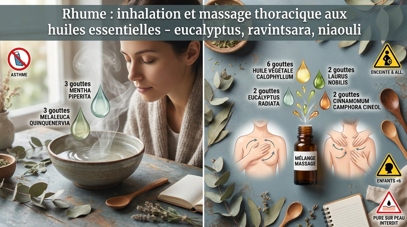 Protocol aromatique précis : inhalation d'eucalyptus‑ravintsara‑niaouli + massage thoracique dilué au calophylle, contre indications comprises.