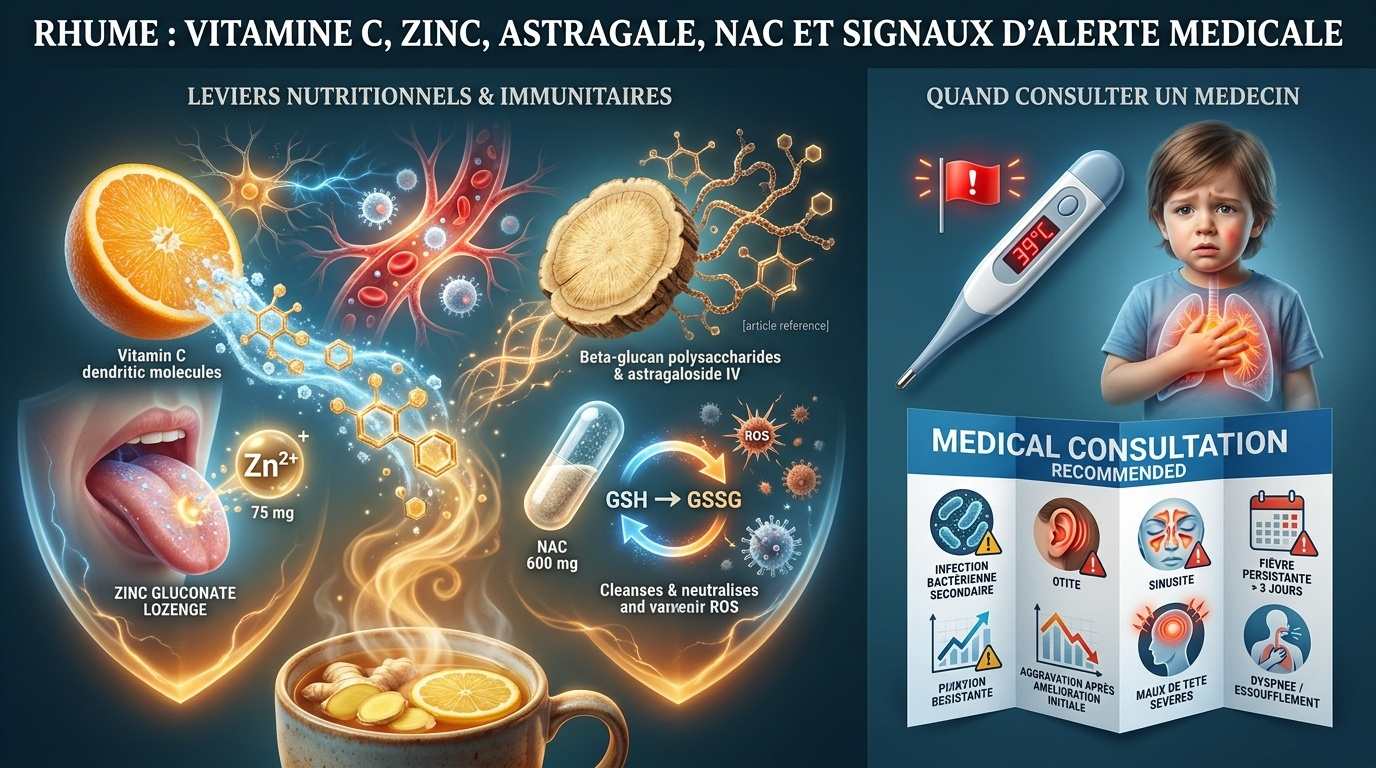 Tableau pratique du soutien nutritionnel (vitamine C, zinc, astragale, NAC) et signaux de garde justifiant une consultation médicale.